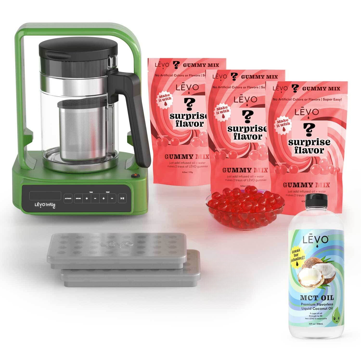 LEVO gummy making bundle with 3 gummy mix packs, MCT oil, and LEVO C machine.