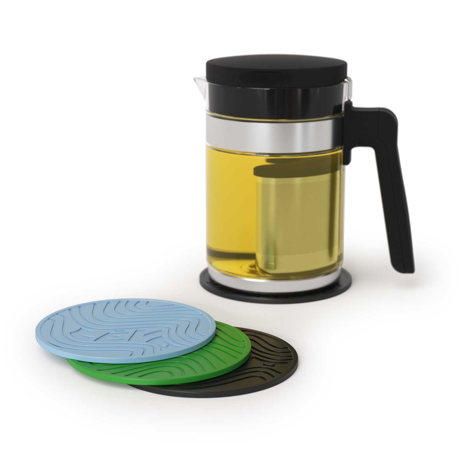 LĒVO Silicone Trivets in green, blue, and black shown with LĒVO C