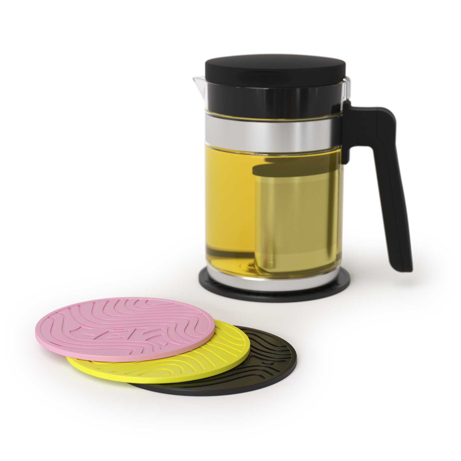 LĒVO Silicone Trivets in yellow, pink, and black shown with LĒVO C