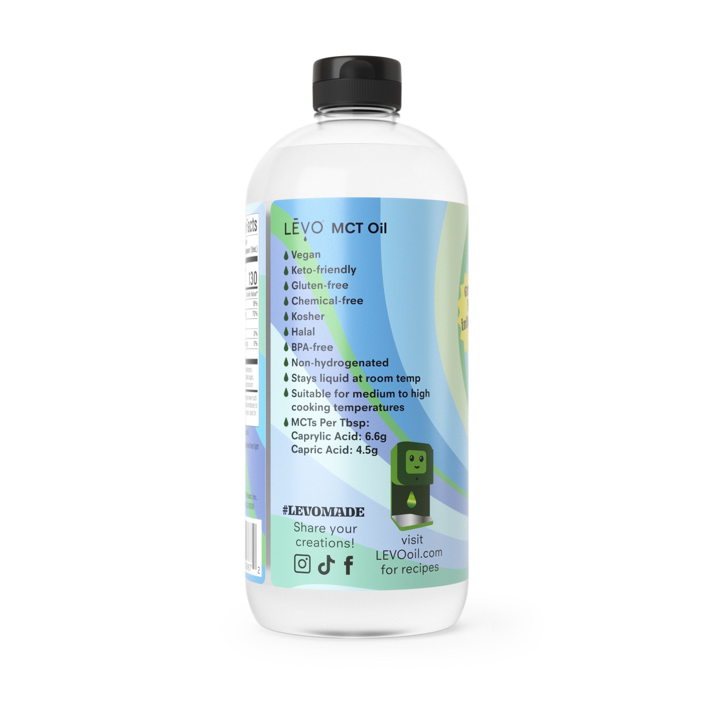 LEVO MCT Oil is vegan, keto-friendly, gluten-free, chemical-free, kosher, halal, BPA-free, and non-hydrogenated.