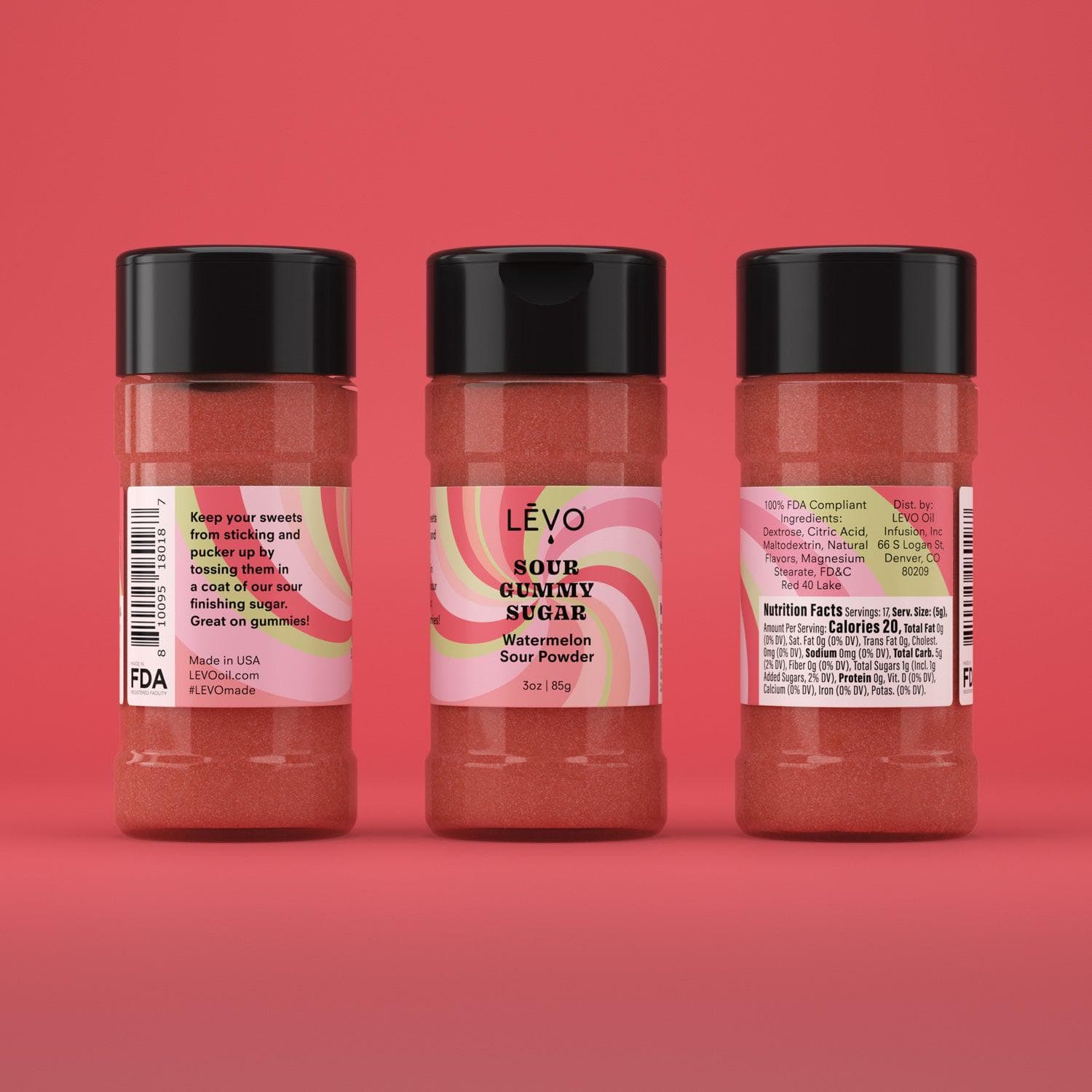 Infuse your gummies and then dust them with Watermelon sour powder finishing sugar. Sprinkle Watermelon Sour Gummy Sugar for a tangy and fruity explosion on your favorite confections.