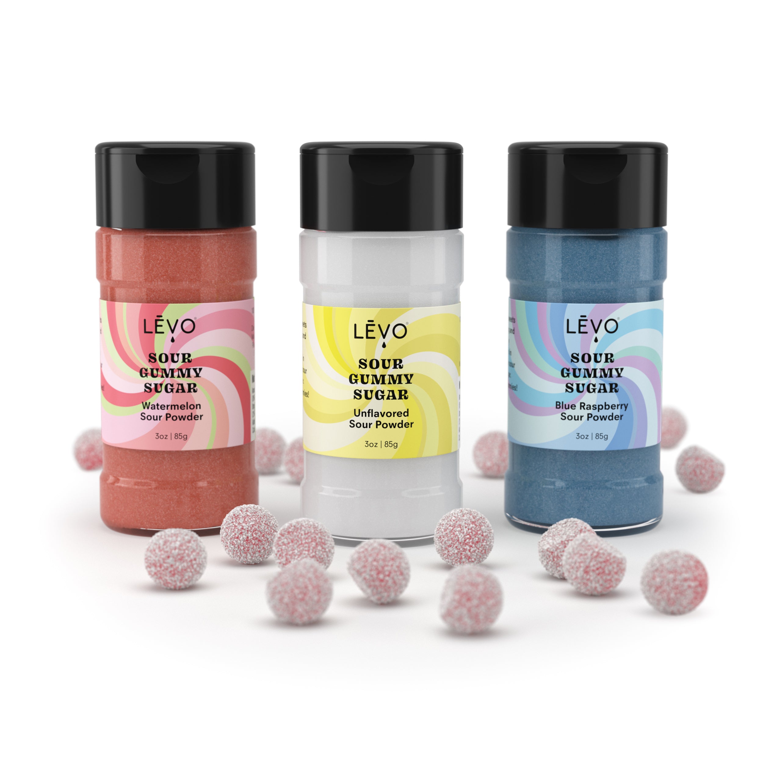 Sour gummy sugar trio in watermelon, plain, and blue raspberry with coated gummy edible candy