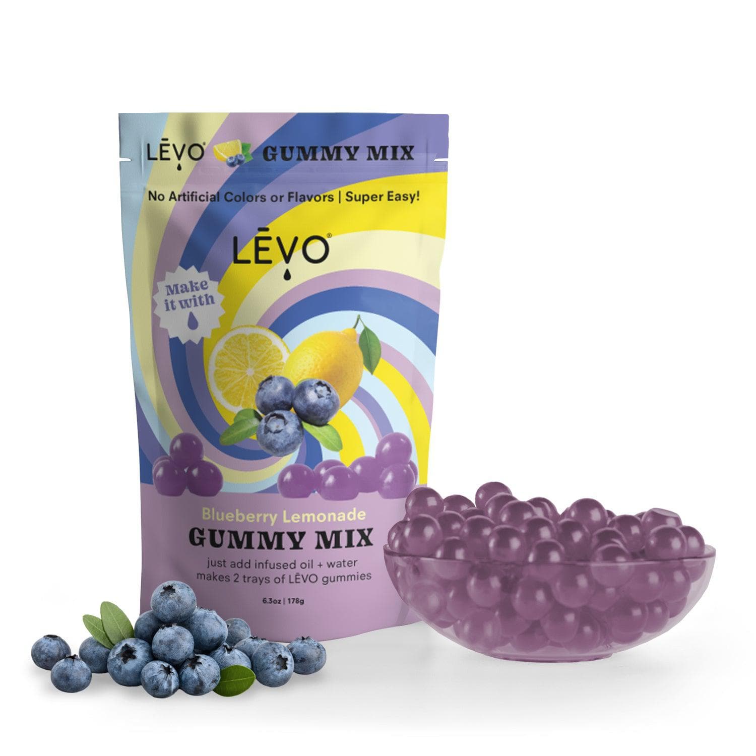 Blueberry Lemonade LEVO gummy mix, made with all natural flavors and no artificial colors. Make your gummies pop with LEVO infused MCT or Coconut Oil. LEVOoil.com has everything you need to make your own infused gummies at home. Share your infused gummies with friends.