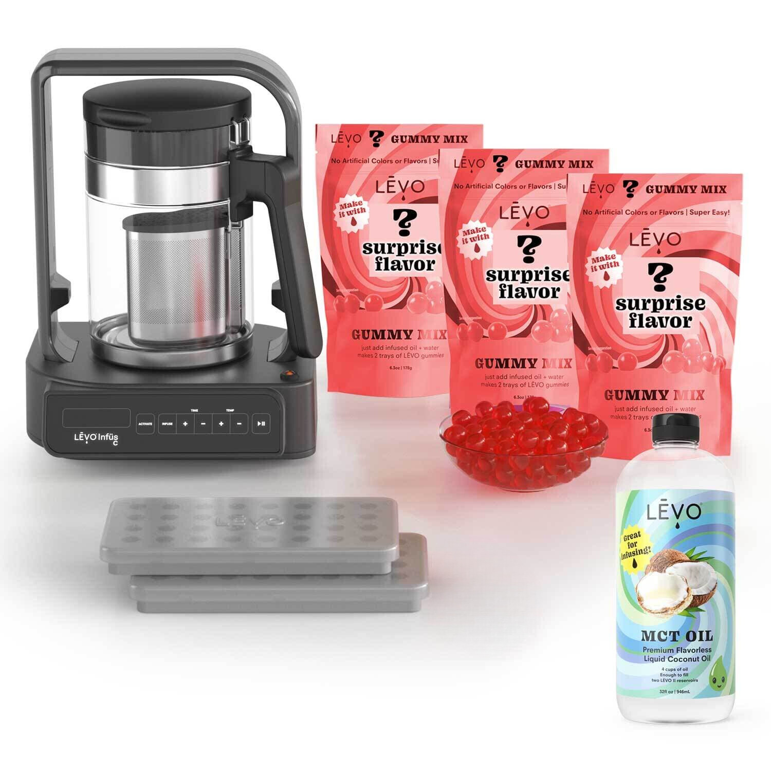 LEVO gummy making bundle with 3 gummy mix packs, MCT oil, and LEVO C machine.