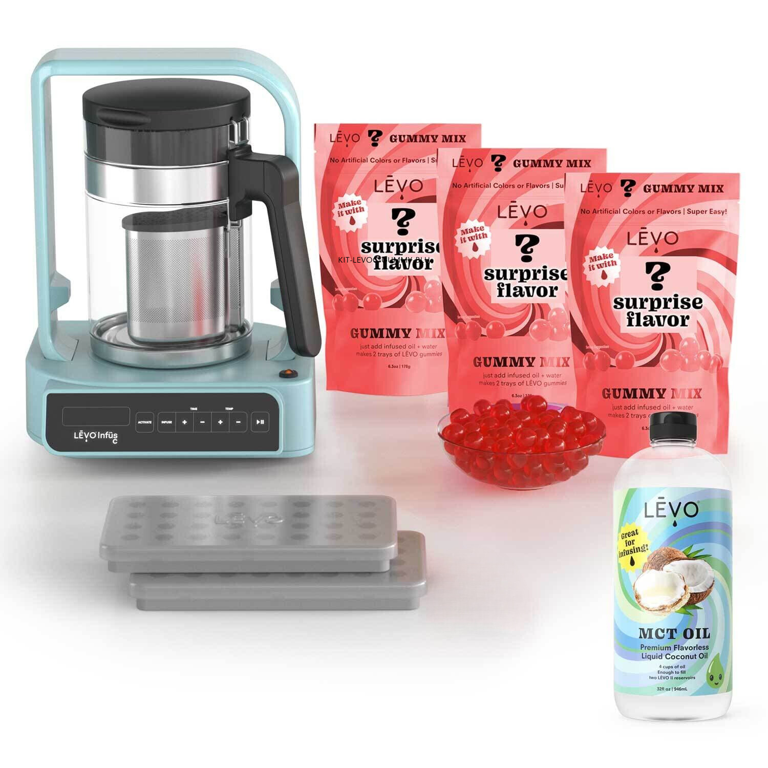 LEVO gummy making bundle with 3 gummy mix packs, MCT oil, and LEVO C machine.