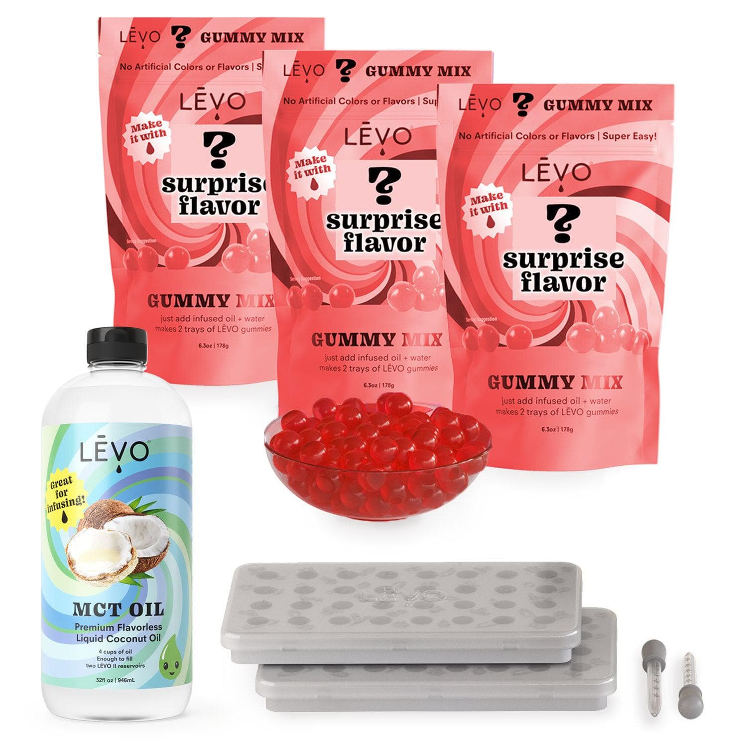 Gummy Making Edibles Kit by LEVO with three mystery gummy flavors. Gummy Edibles Making Kit - Create your own infused gummies with this comprehensive kit, featuring 3 mystery flavors of gummy mix, MCT oil, and silicone gummy molds.