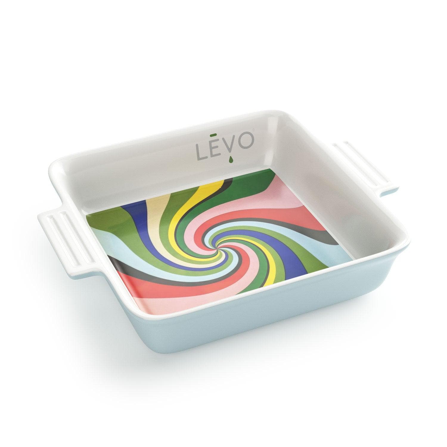 LEVO Porcelain Baking Dish with multicolor swirl decal and logo