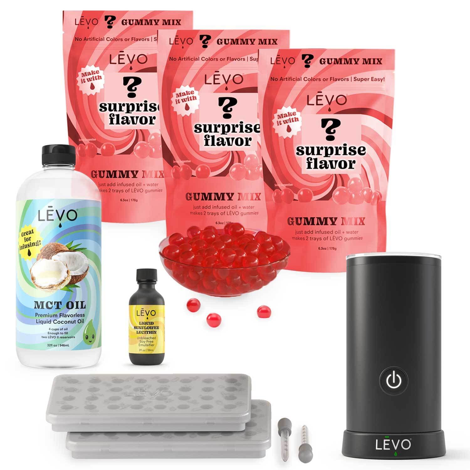 Gummy Edibles Making Kit with LEVO Gummy Candy Mixer, gummy molds, gummy mix variety 3 pack, liquid sunflower lecithin, and MCT oil