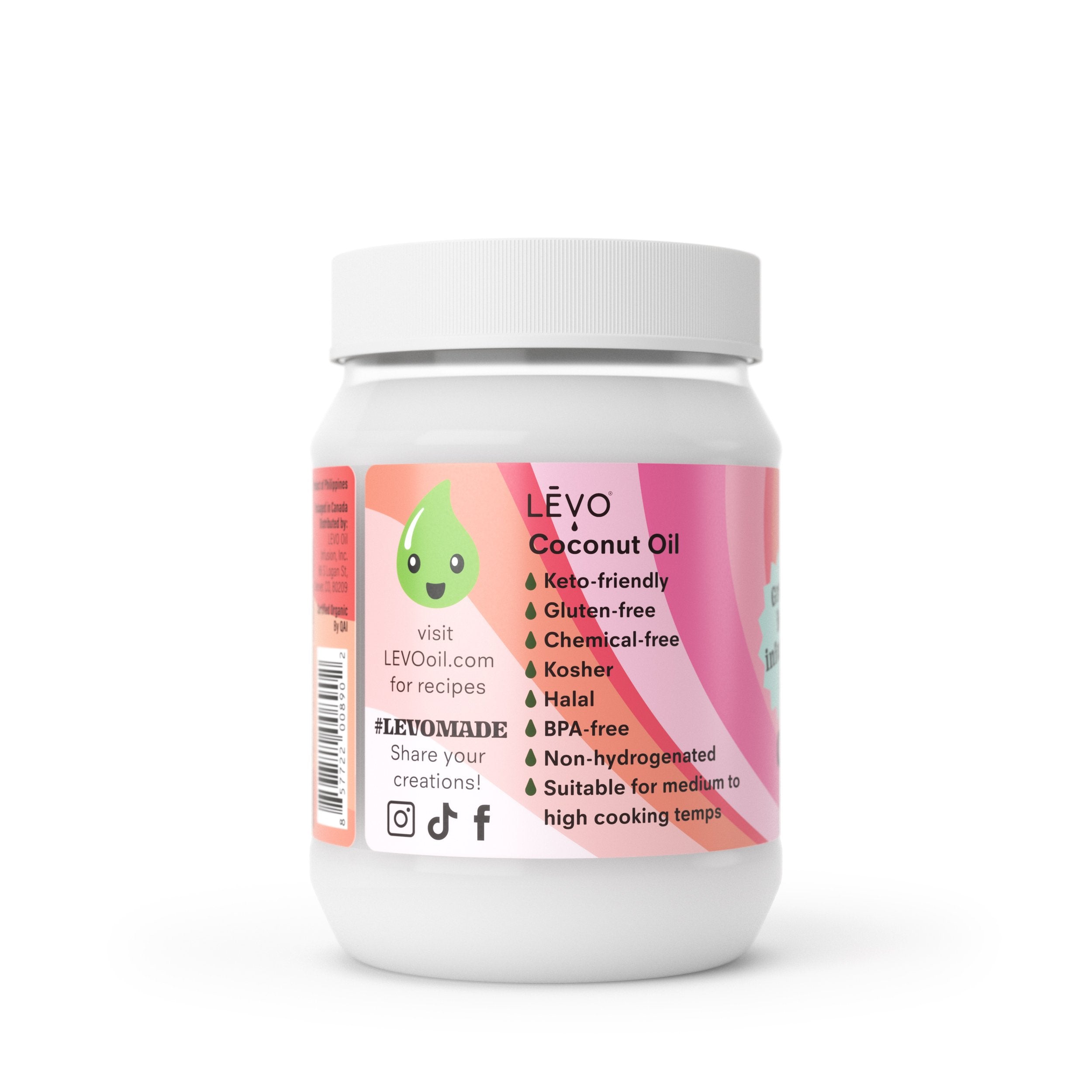 LEVO Coconut Oil is keto-friendly, gluten-free, chemical-free, kosher, halal, BPA-free, non-hydrogenated, and good for cooking at medium to high temperatures.