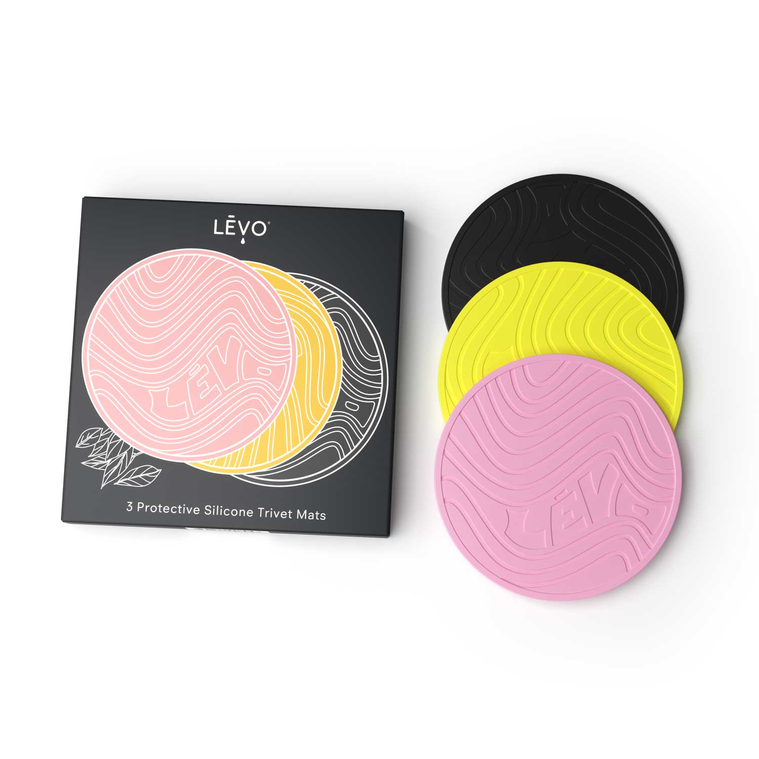 LĒVO Silicone Trivets in yellow, pink, and black with packaging