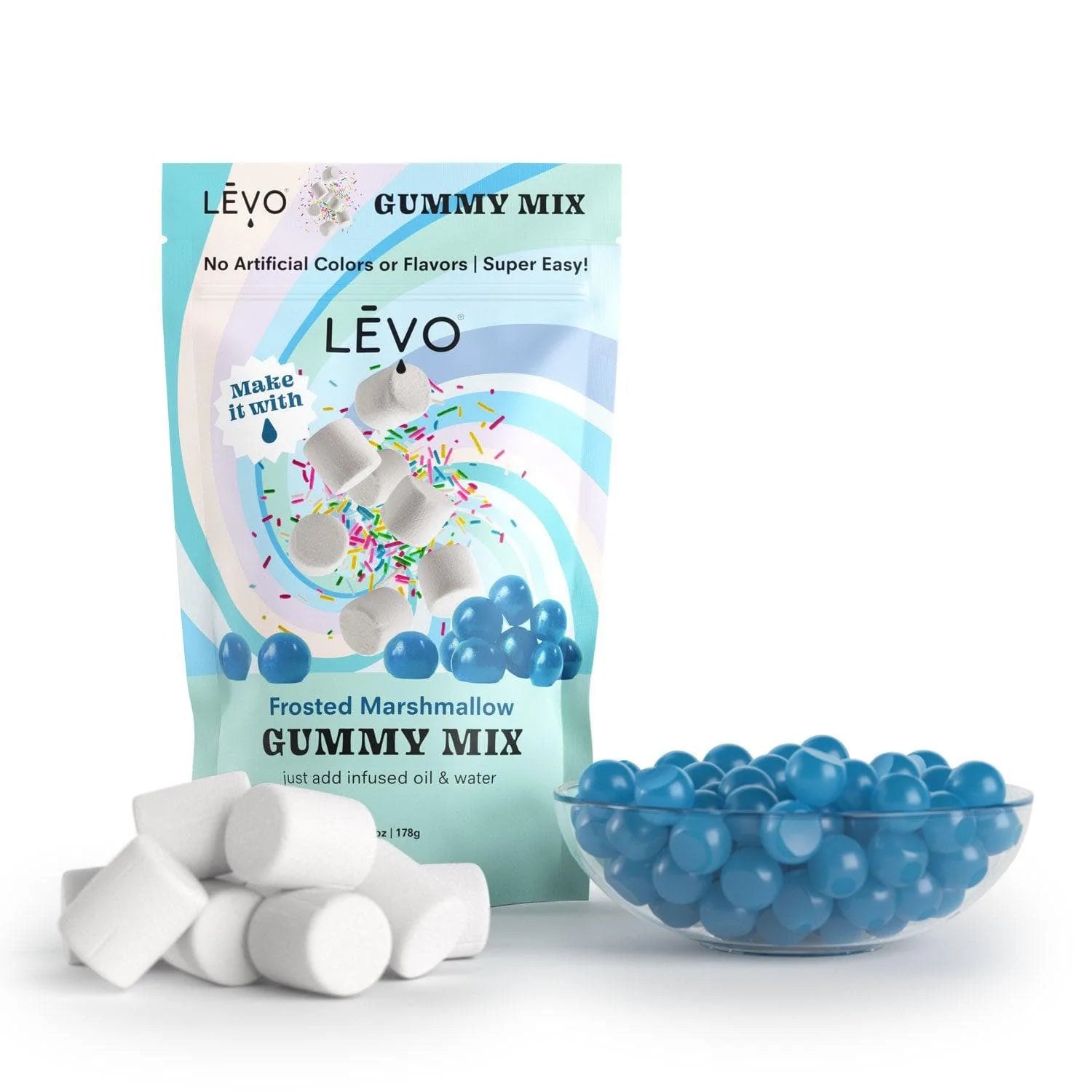 Frosted Marshmallow gummy mix, made with all natural colors and flavors. Make your own dosed edible gummies at home, and save 10x the cost of buying pre-made. LEVO pays for itself compared to buying tinctures and gummies at the store.