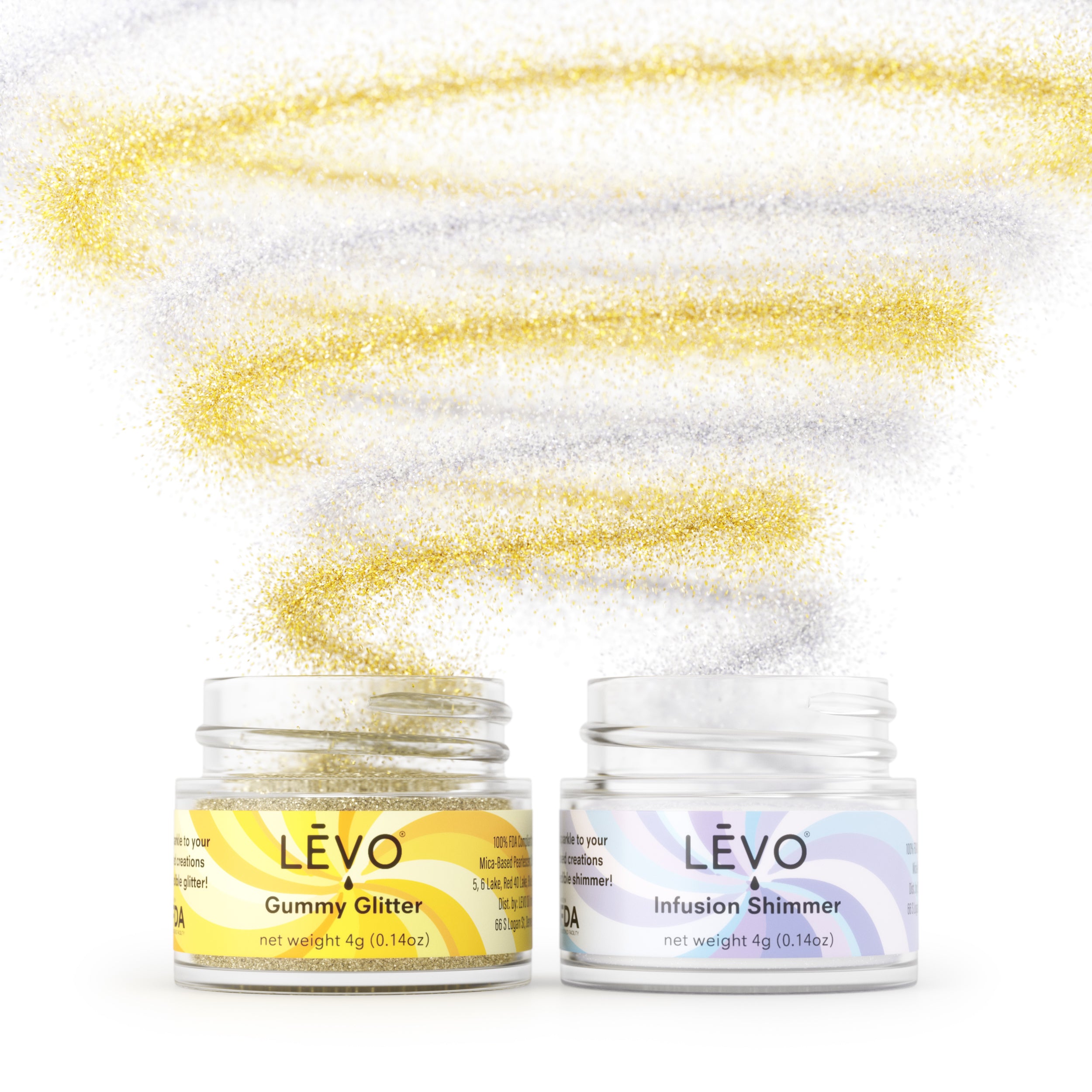 LEVO gummy glitter and LEVO infusion shimmer edible glitter to decorate gummy edibles