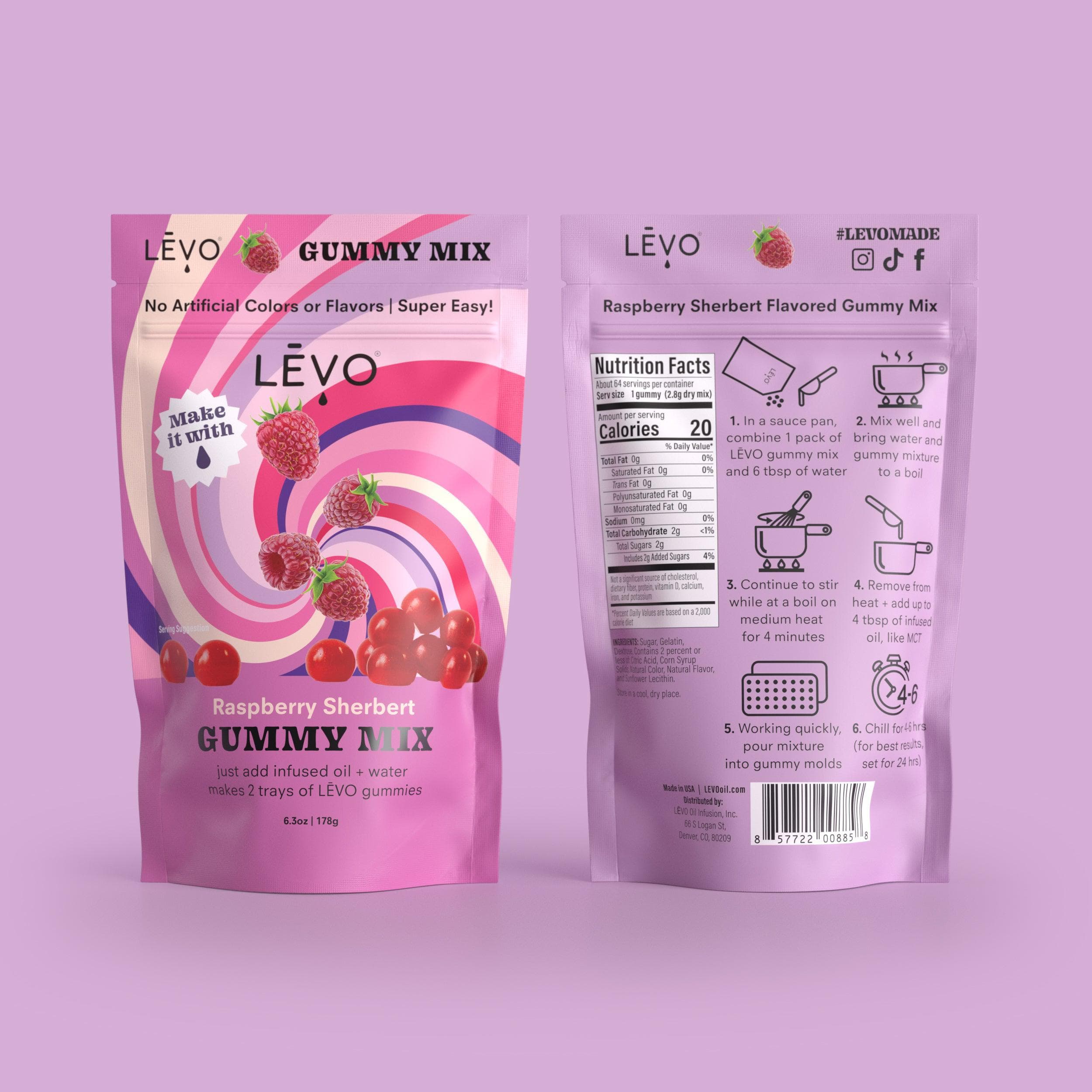 LEVO Gummy Mix Raspberry Sherbert packaging front and back.