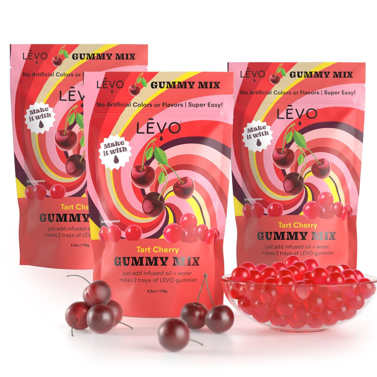 Three pack of LĒVO Cherry Gummy Mix. Bundle and Save! Make your own edibles with LEVO gummy mix.