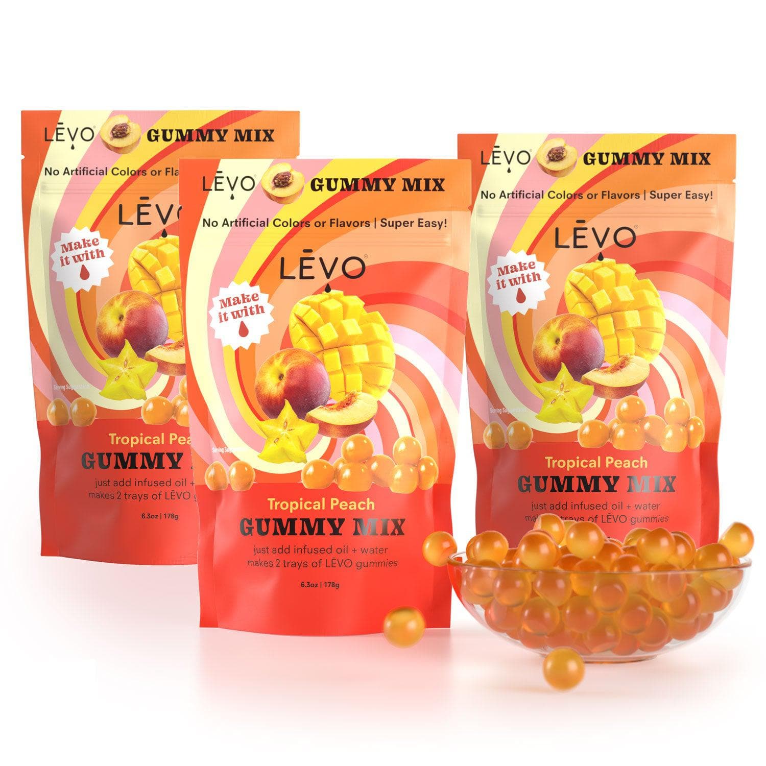 Three pack of LĒVO Tropical Peach Gummy Mix. Bundle and Save! Use infused oil to take your edibles higher.