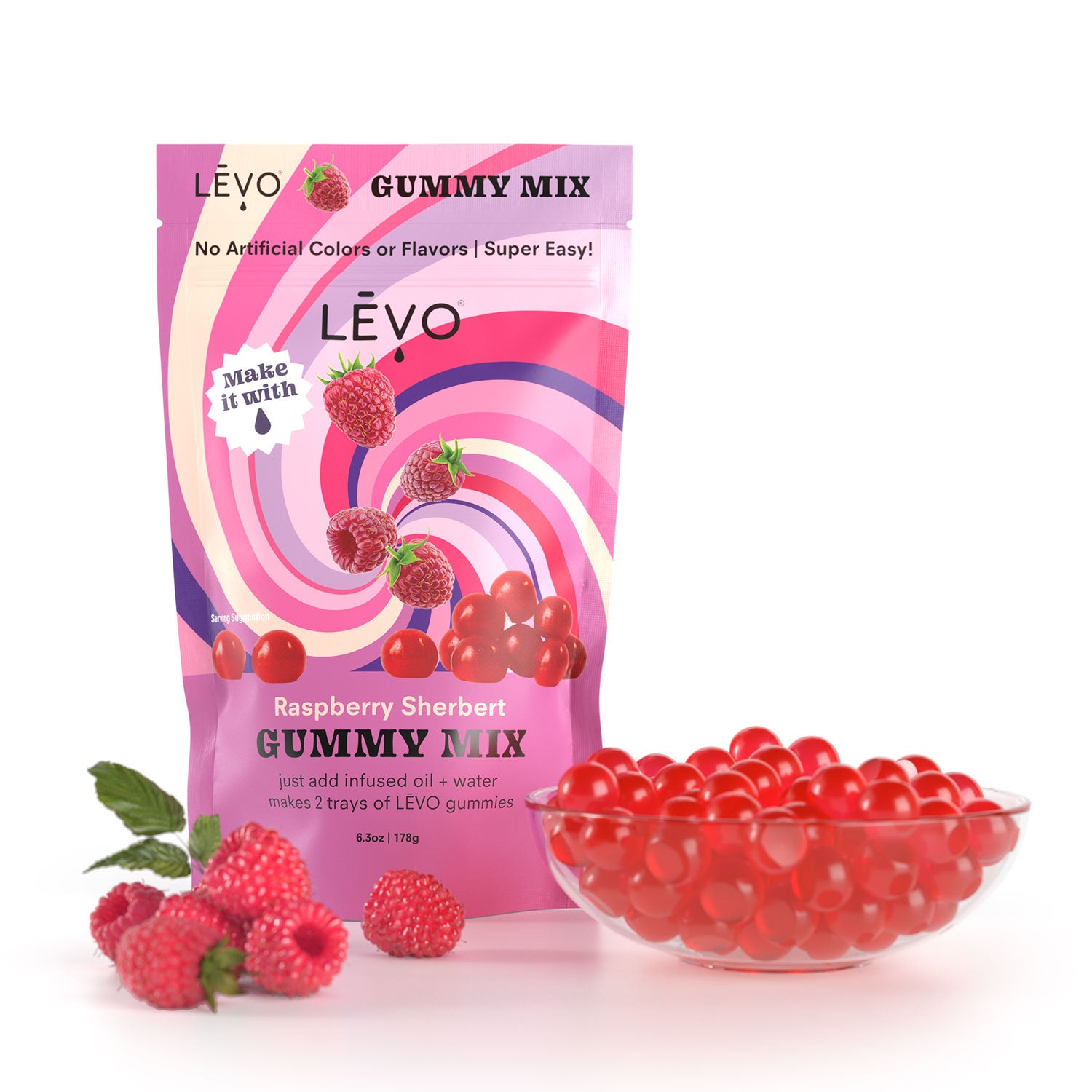 Raspberry Sherbert gummy mix, made with all natural colors and flavors. Make your own dosed edible gummies at home, and save 10x the cost of buying pre-made. LEVO pays for itself compared to buying tinctures and gummies at the store.