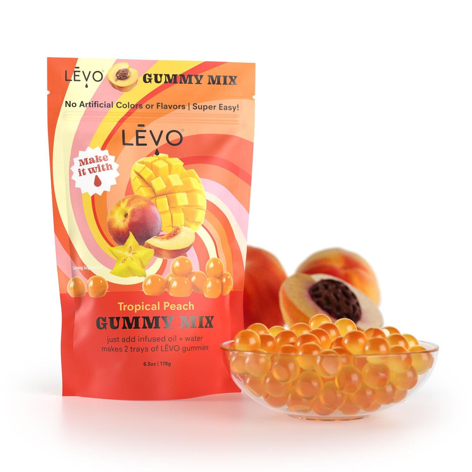 Elevate your gummies with LEVO Tropical Peach gummy mix. Potent and delicious gummies in three easy steps.