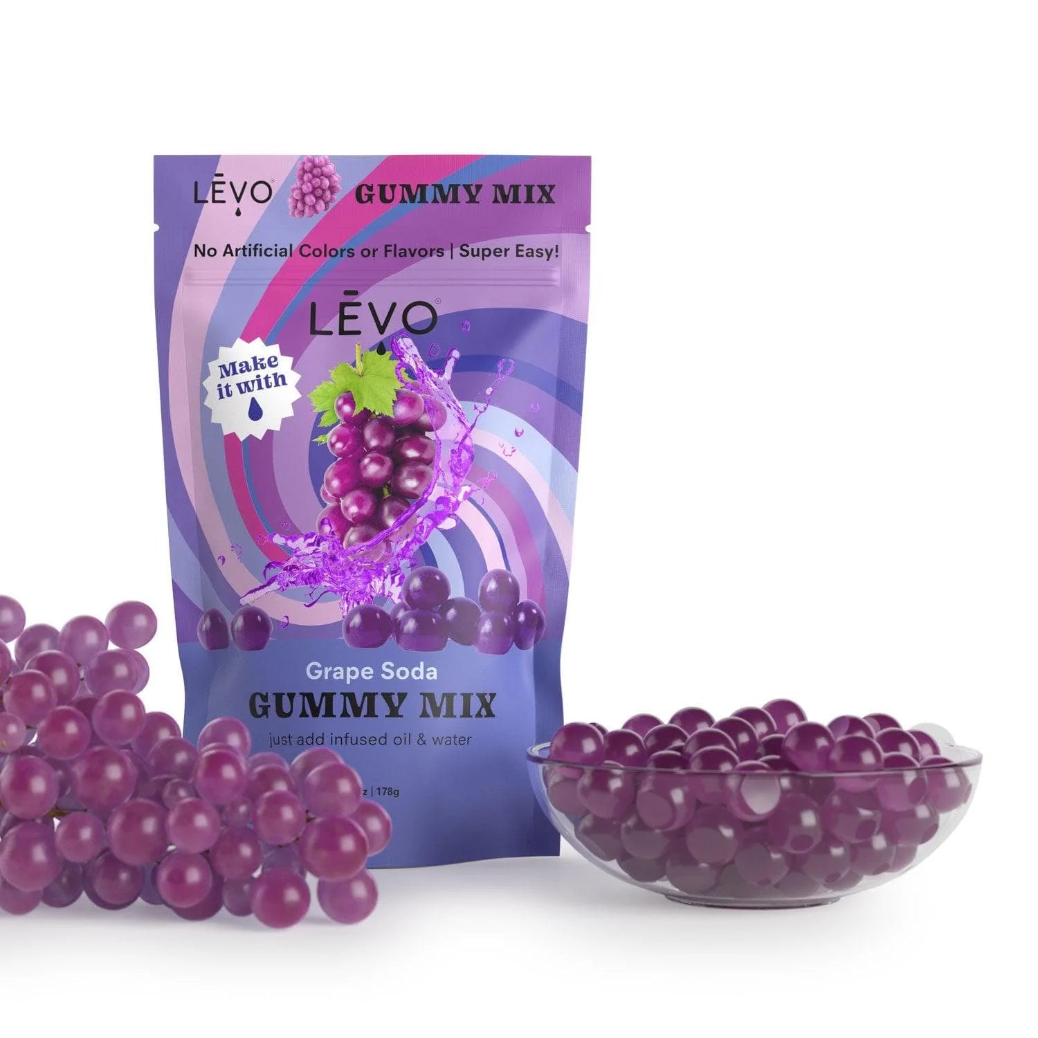 Grape Soda gummy mix, made with all natural colors and flavors. Make your own dosed edible gummies at home, and save 10x the cost of buying pre-made. LEVO pays for itself compared to buying tinctures and gummies at the store.