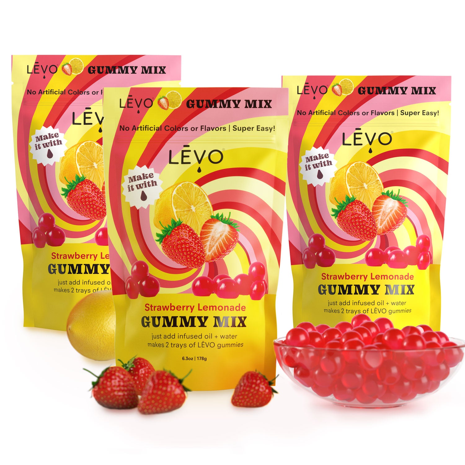 Three pack of LĒVO Strawberry Lemonade Gummy Mix. Bundle and Save! Use infused oil to take your edibles higher.