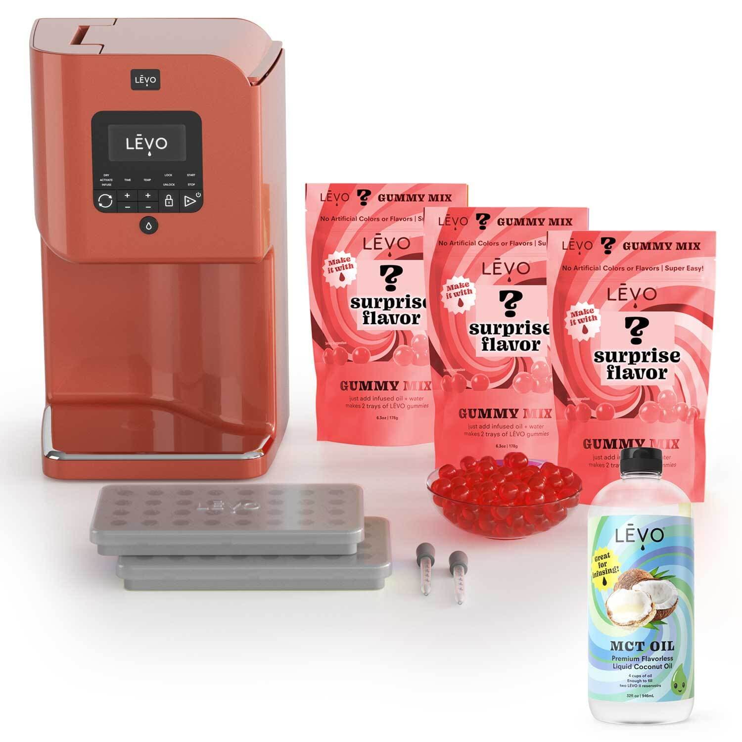 LEVO gummy making kit with 3 gummy mix packs, MCT Oil, Gummy Molds, and LEVO II machine.