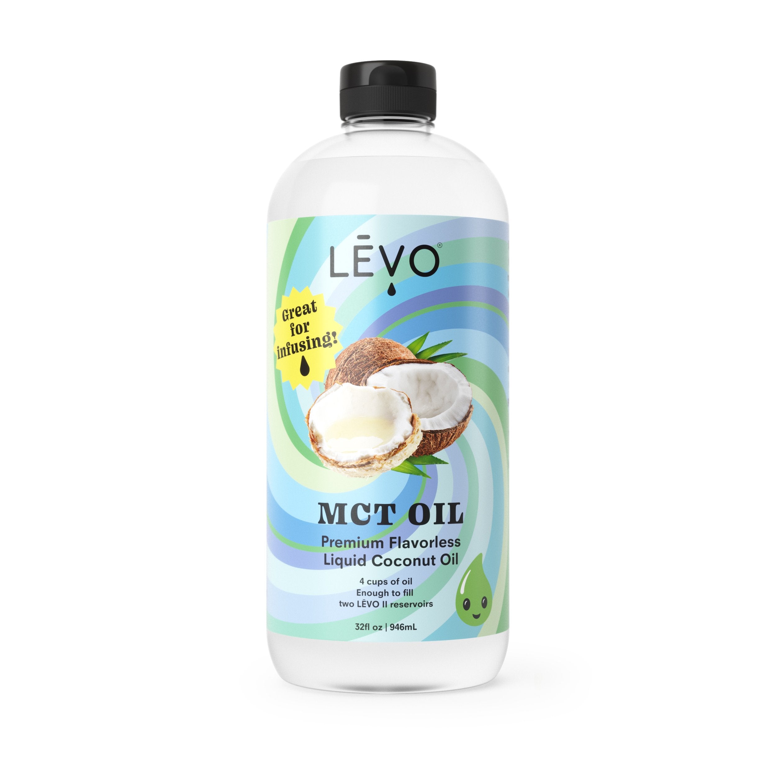 LEVO MCT Oil is a premium, flavorless liquid coconut oil. At 32 fl oz, it will fill 2 LEVO II reservoirs to capacity, 4 cups total. Great for infusing!