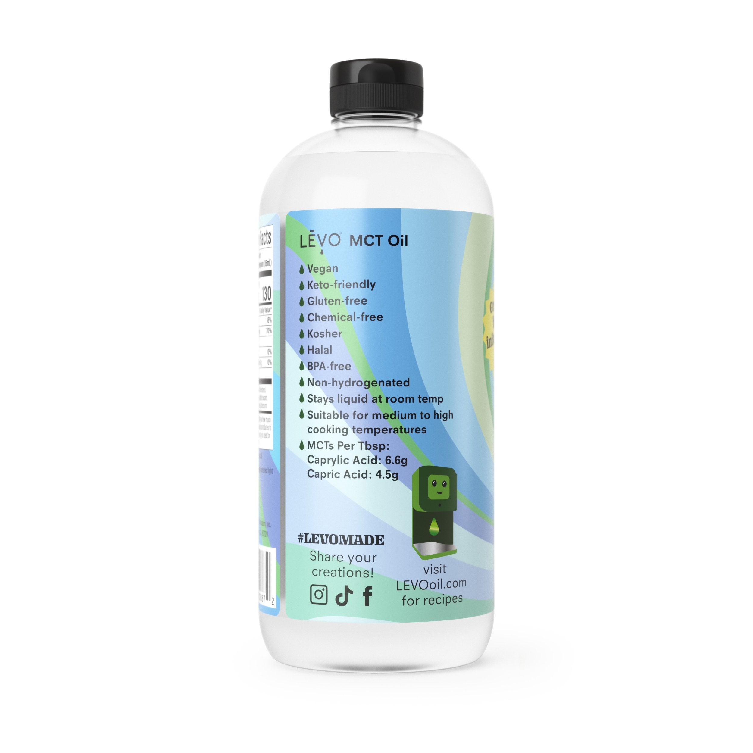 LEVO MCT Oil is vegan, keto-friendly, gluten-free, chemical-free, kosher, halal, BPA-free, and non-hydrogenated. 