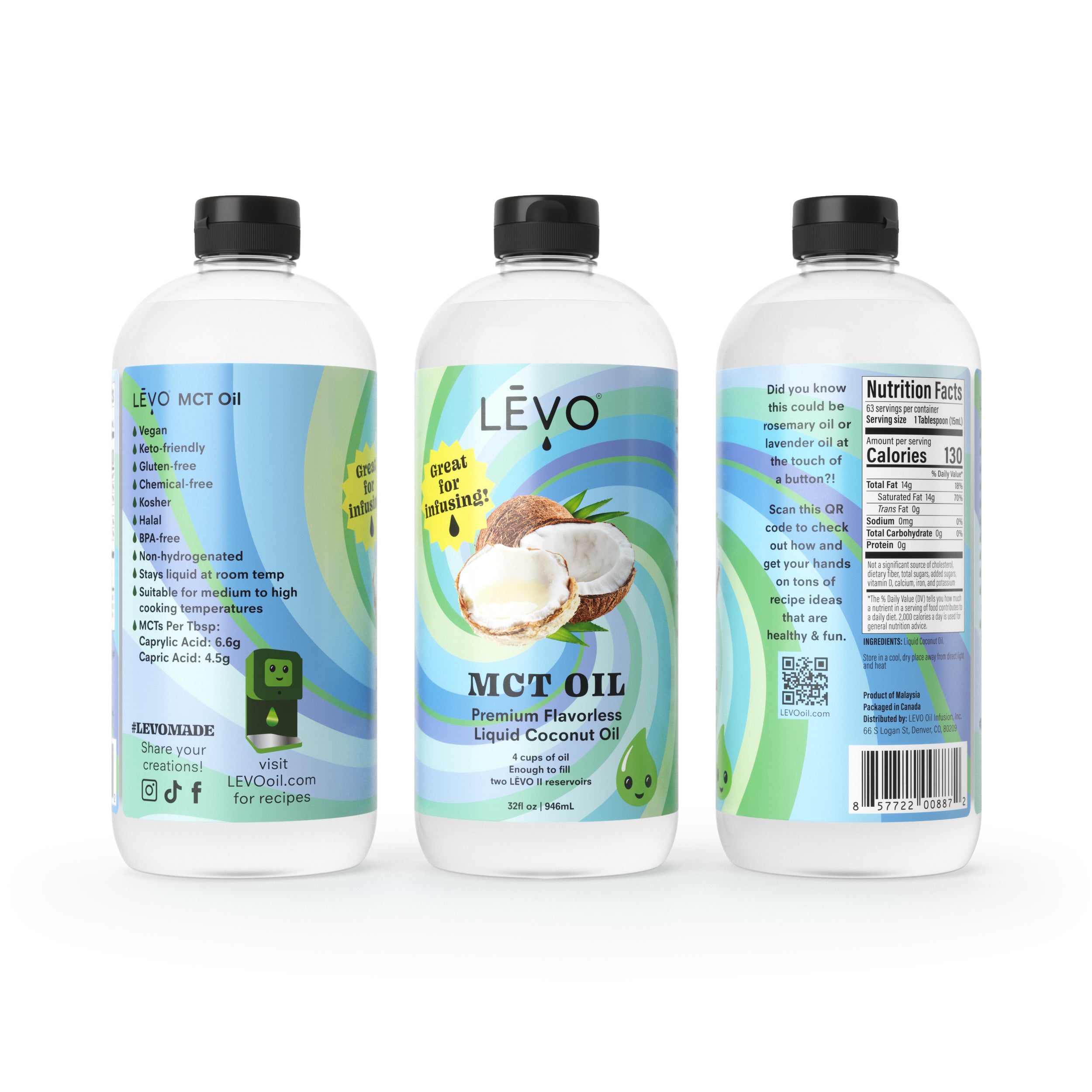 LEVO MCT oil 32oz front and back of bottle