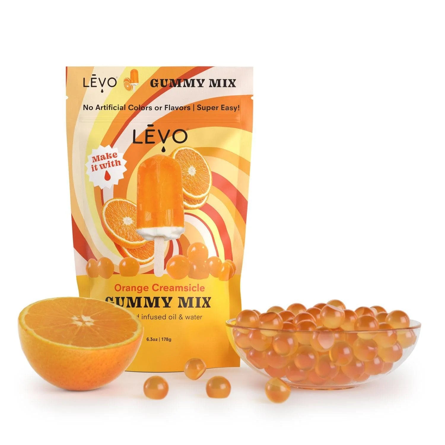 Orange Creamsicle gummy mix, made with all natural colors and flavors. Make your own dosed edible gummies at home, and save 10x the cost of buying pre-made. LEVO pays for itself compared to buying tinctures and gummies at the store.