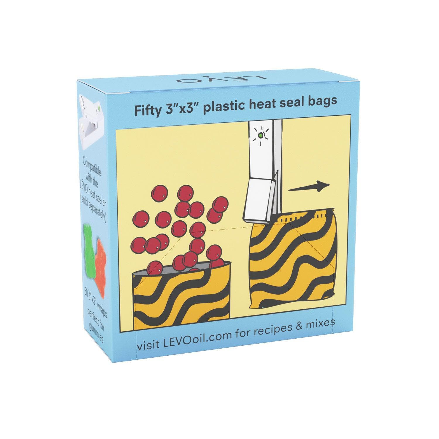 Includes 50 3"x3" plastic heat seal bags
