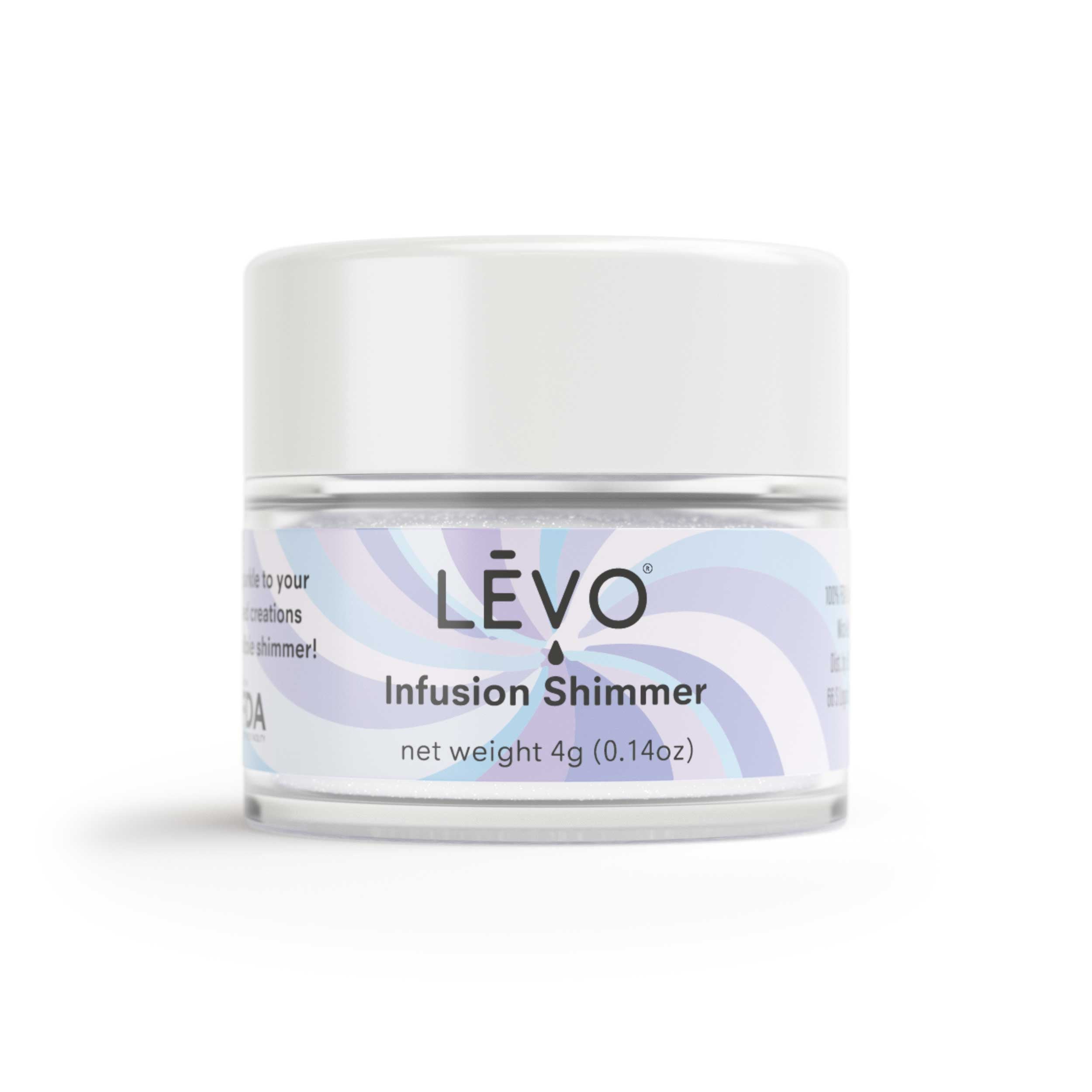 Apply LEVO infusion shimmer to your oil for an iridescent shine. Add to wine, beer, cocktails, juice, honey, oil, and gummies.