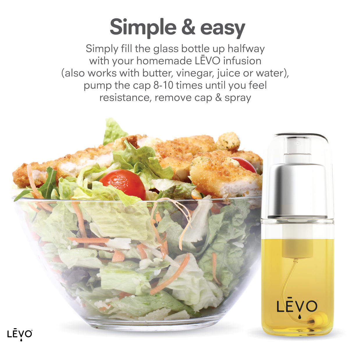 simply fill the glass bottle up halfway with your homemade DIY lēvo infusion. Also works with butter, vinegar, juice, or water.